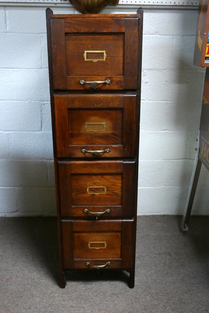 Antique Mission Oak Four Drawer Filing Cabinet: Antique Mission style oak four drawer filing cabinet circa 1920, attributed to Weis, 14.75"W, 52.25"H, 24.5"D