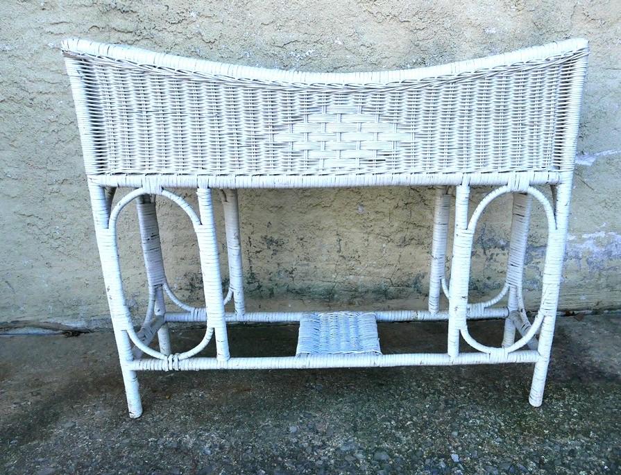 Vintage White Wicker Plant Stand: Vintage white painted wicker plant stand, 36"W, 9.5"D, 30"H