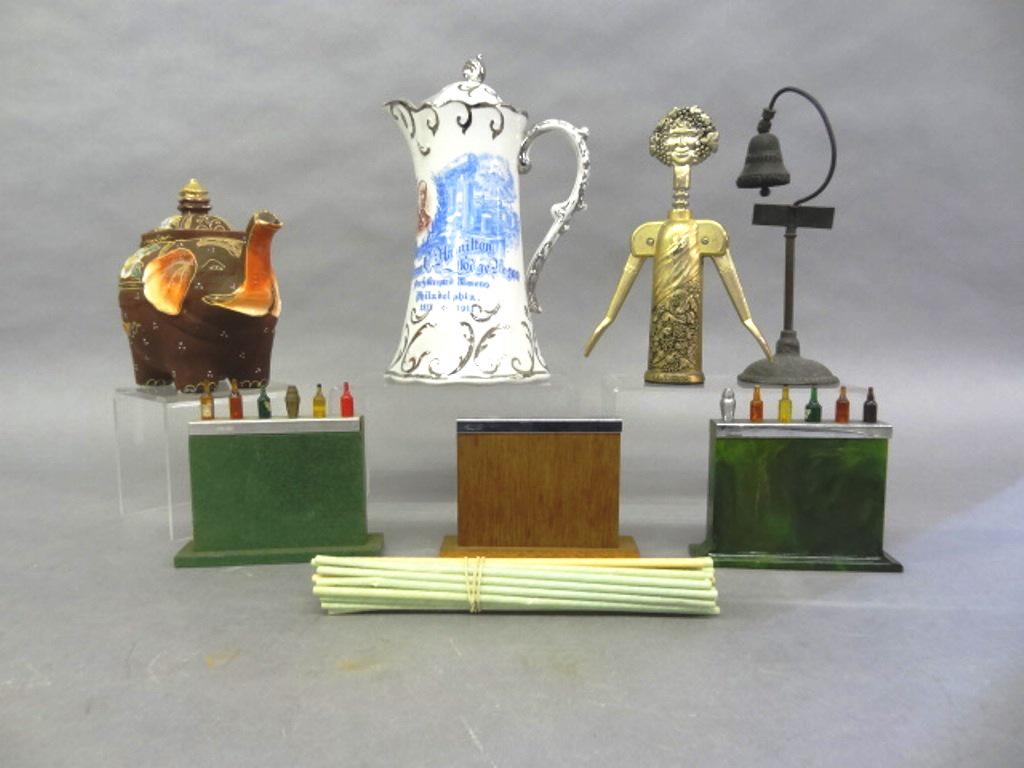 Vintage Novelty Barware & Masonic Pitcher: Antique transfer decorated china pitcher with silver gilt 10"H from Philadelphia Masonic Lodge 1911, figural elephant teapot with enamel decoration 9"L with chip on bottom edge of lid, novelty set of 