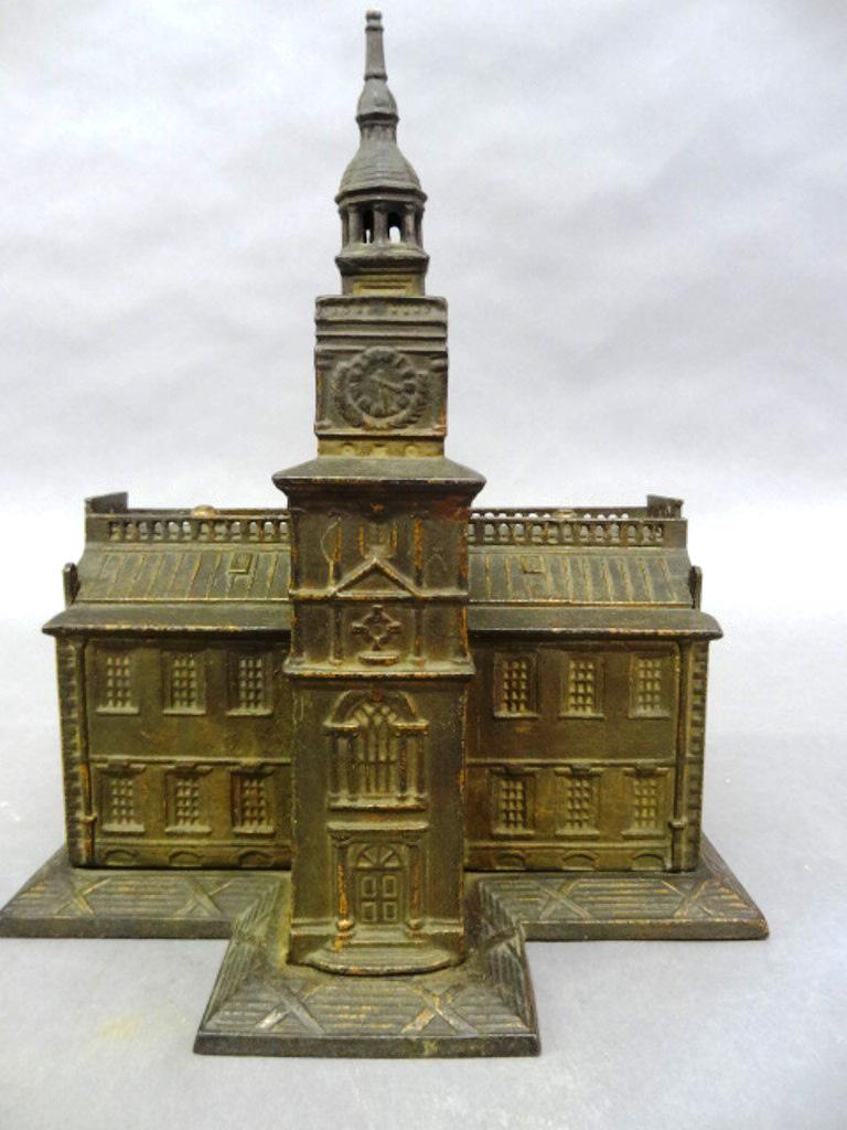 Antique Enterprise Independence Hall Bank: Enterprise Manufacturing Co. Phila., cast iron Independence Hall bank with original paint, patent 1875, 9.25"W, 7 7/8"D, 10"H