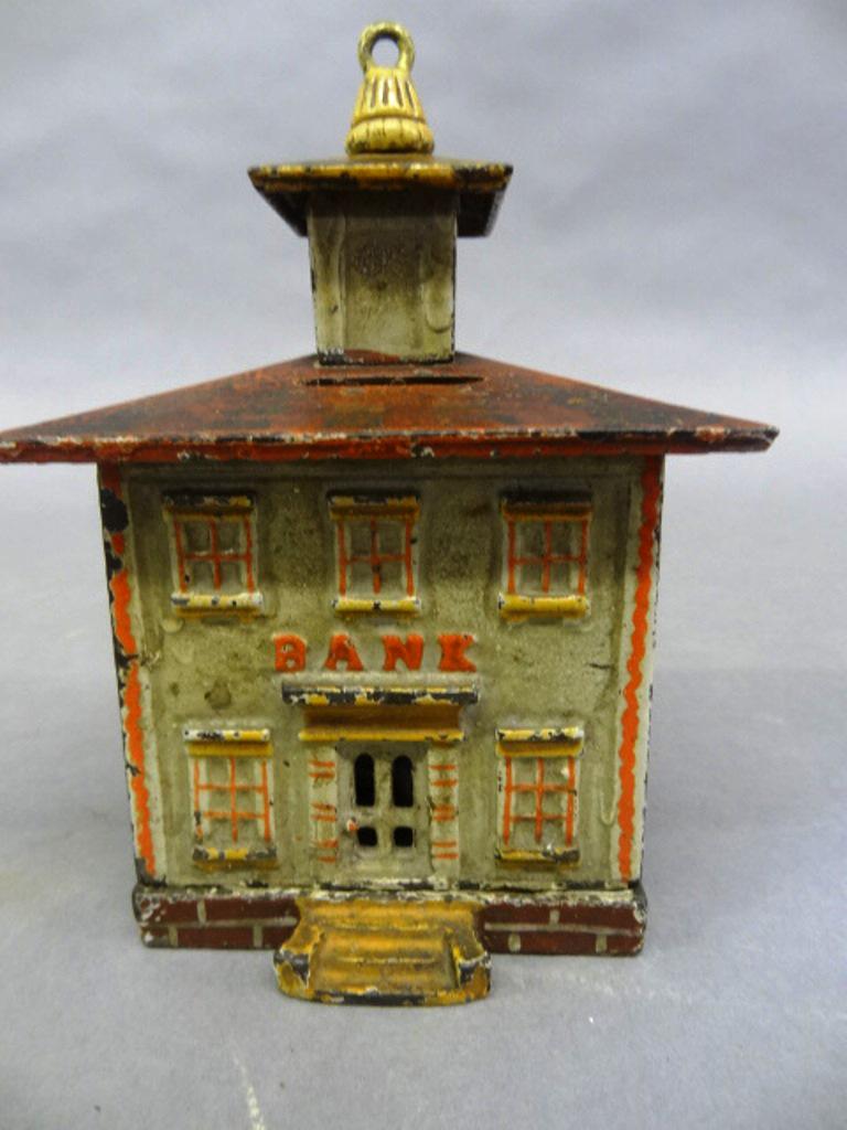 Stevens Cupola Coin Bank: J.E. Stevens cast iron building bank with original paint, 4"W