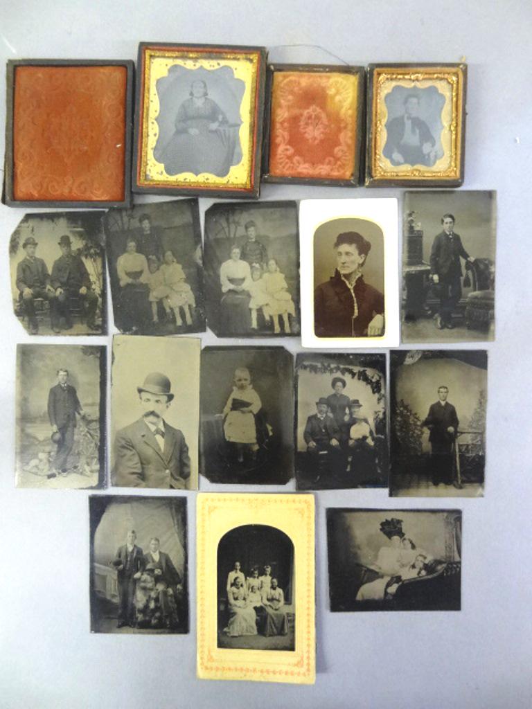 15 Antique Tintype Photos: Fifteen late 1800's ferrotype photographs, includes two in cases with broken hinges, includes an unusual photo on a woman and two young girls in a horseless carriage 2.5" by 3.25"