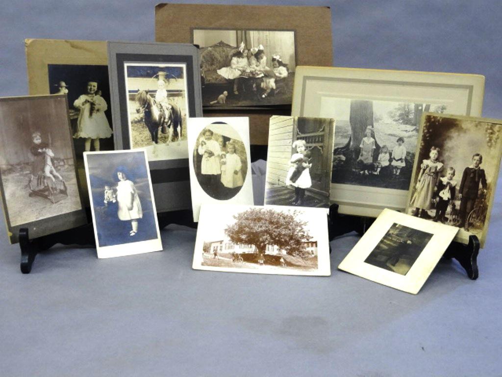 Antique Photos Of Children With Toys: Group of late 19th - early 20th century photos of children playing with toys and with a pony, largest 8.25" by 10.5" including mounting