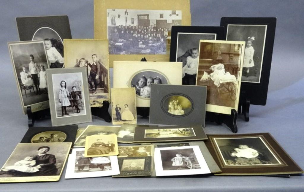 Antique Photos Of Children & Midgets CDV: Nice grouping of late 19th - early 20th century photos of children, many by professional photographers, 1894 School Room photo 7.5" by 10" is the largest, CDV of P.T. Barnum's performers Commodore Nut