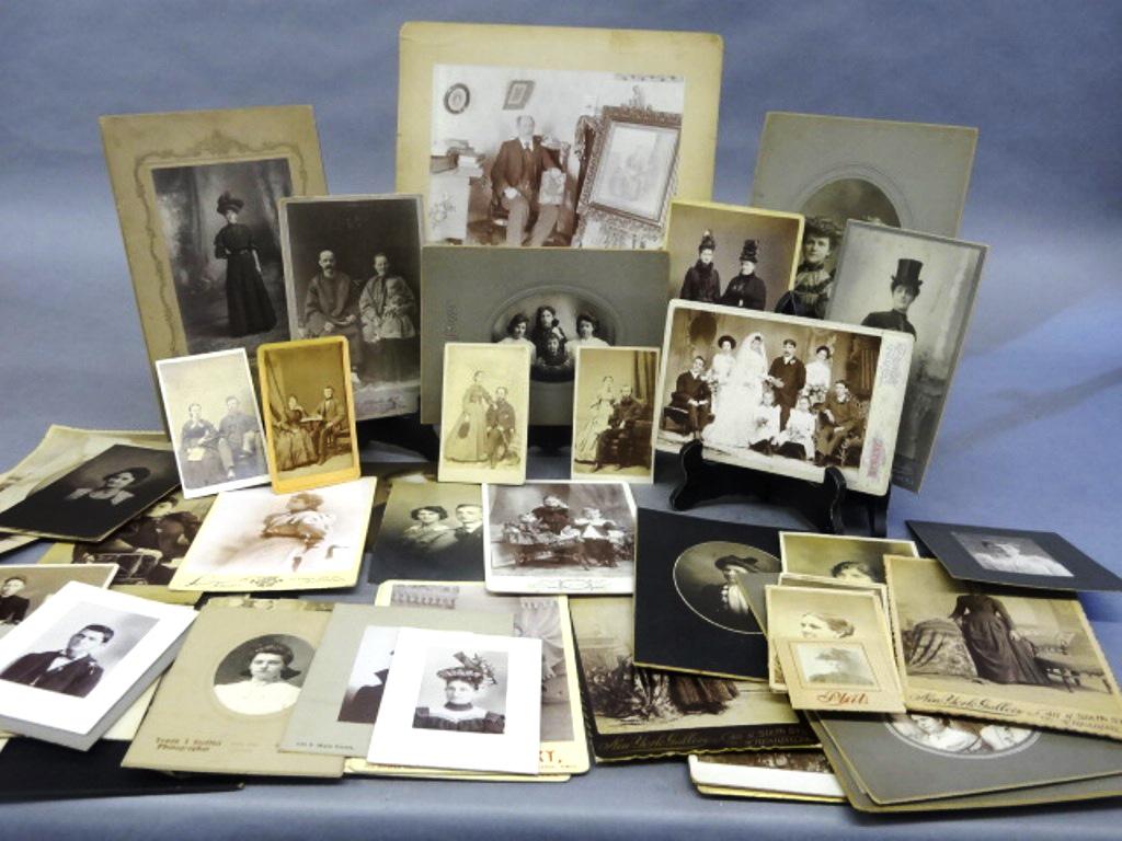 Large Group of Antique Photographs: Large selection of early photographs and cartes de visite, many of young women or couples, most are studio photos by professional photographers, largest is 8" by 10" including mount