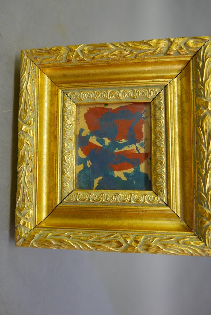 David Ellinger Watercolor Painting: David Ellinger [PA. 1913 - 2003] small water color titled "Black Birds With Red Dots", sight 3"W, 2.5"H, housed in gold colored wood frame 6.75" by 7"
