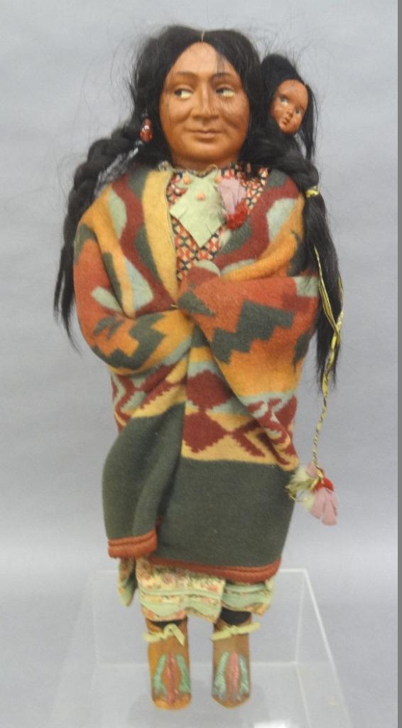 Vintage 21" Skookum Squaw & Papoose: Vintage Skookum Native American Indian doll 21"H holding a papoose, both have composition character faces