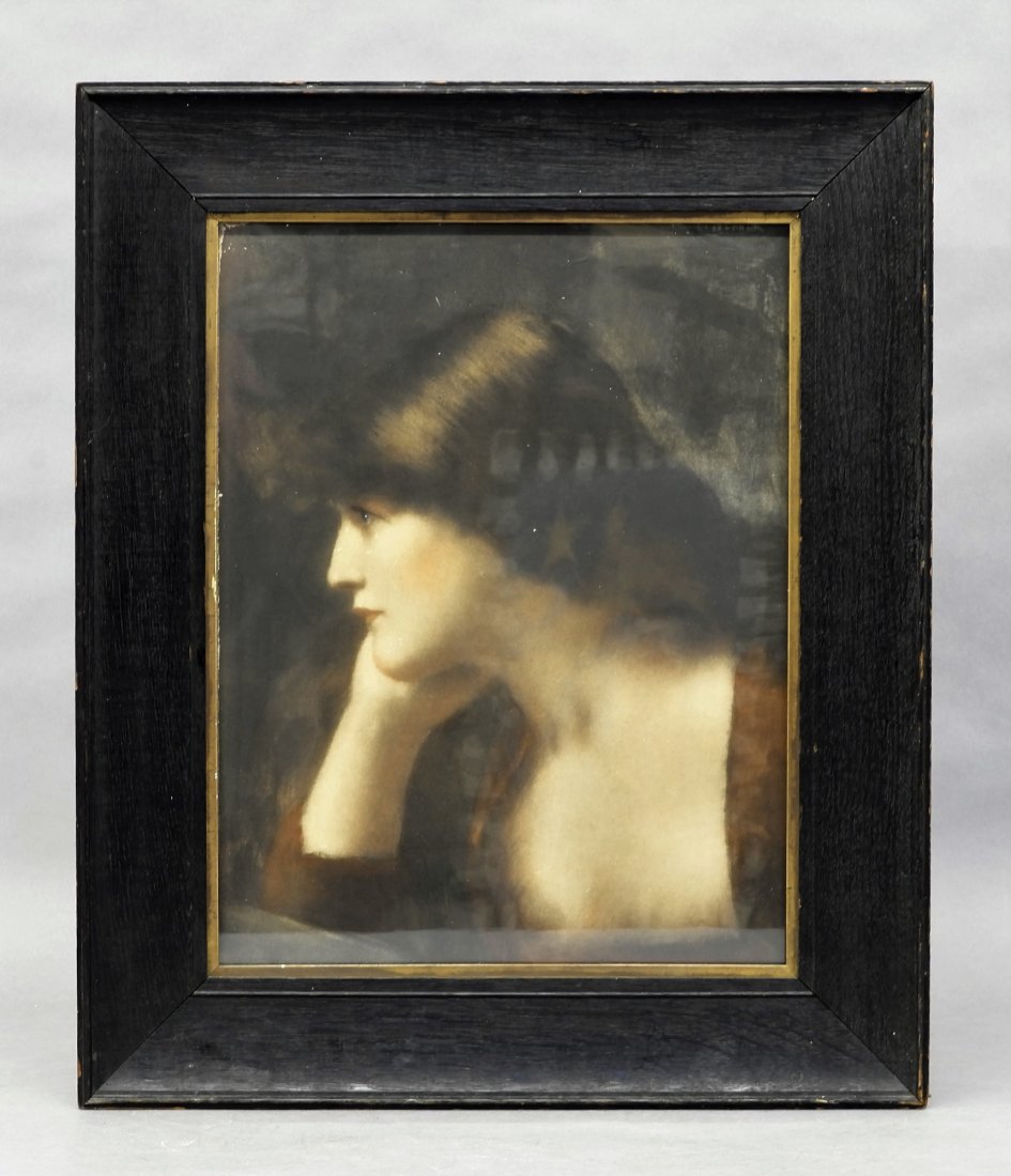 Early 1900: Early 20th century print of a young brunette woman, sight 12.5" by 16.5", house in its original oak painted frame 19" by 23", signed illegibly top right corner