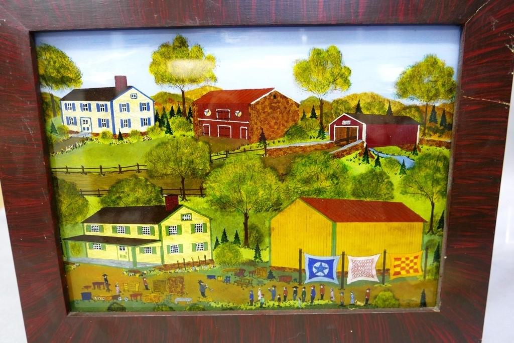 Dave Gottshall Reverse Painting On Glass: Dave Gottshall [Berks County, Pa.] primitive style reverse painting on glass, signed lower right [D.W. Gottshall 1981 Womelsdorf], also ink signed on back and titled "A COUNTRY AUCTION", sight 11.25" 