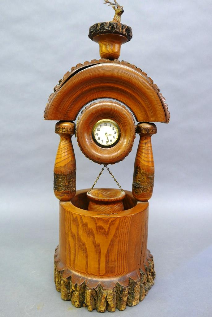 Bushkill Falls Wishing Well Clock: Vintage treen wishing well clock, base is a partly turned log, finial holds a German painted lead deer, 25.5"H