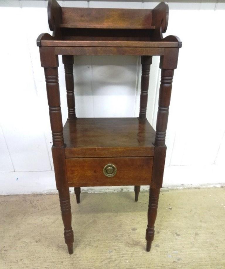 Pa. Sheraton Wash Stand: Antique Pennsylvania Sheraton style wash stand circa 1820 to 1840, hardwood with tulip poplar secondary wood, gallery with scroll ends over shelf with bowl opening, single drawer in base, turned legs,