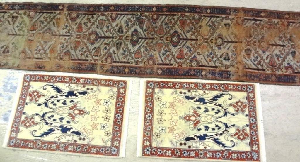 Area Rugs & Antique Runner: Antique Iranian runner 28" by 14' long, pair of newer area rugs 2' by 3'