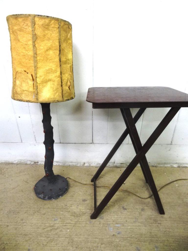 Vintage Tree Form Table Lamp: Unusual vintage concrete tree form lamp embedded with red glass jewels, base is concrete over stone and also is decorated with red glass, 28.5"H to top of socket, also includes a parchment covered sha