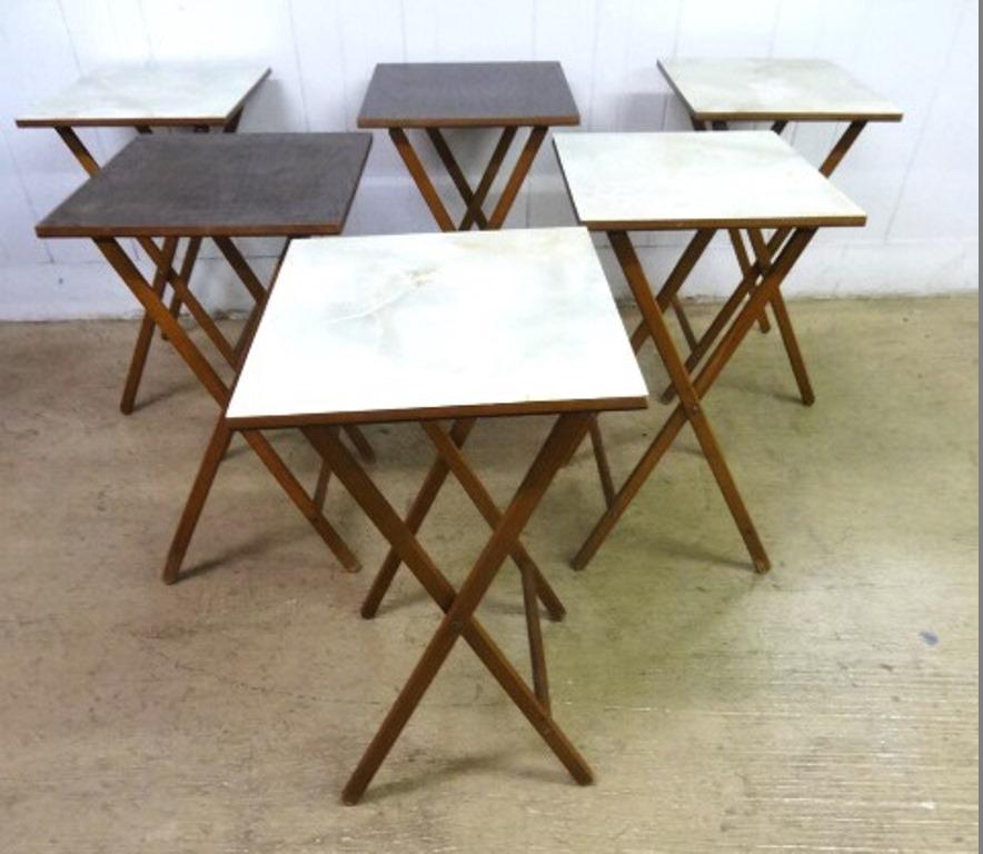 Six Scheibe Mid-Century TV Tables: Six Scheibe folding TV tables, four with faux marble top, two with wood grained top, 14.5" by 18" by 24.5"H