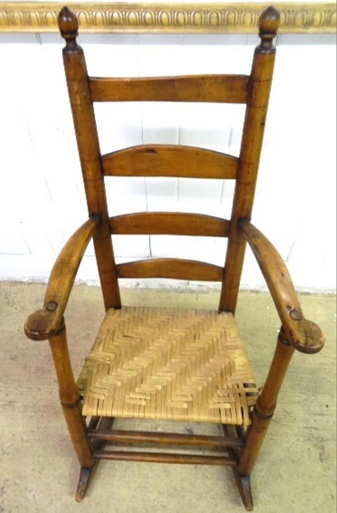 Antique Pa. Primitive Ladder Back Rocking Chair: Antique early 1800's Pennsylvania country ladder back rocking chair with acorn finials, turned legs and stretchers and woven seat 43"H