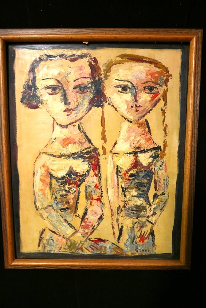 Mid-Century Govri Painting: Mid-Century oil on amazonite painting of two girls, signed Govri lower right, sight 15.75" by 19.75", housed in an oak frame 18" by 22"