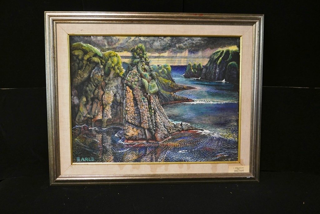 George Frederick Earle Alaska Painting: George Frederick Earle [New York - Massachusetts], oil on amazonite, signed lower left, written on back "By George F. Earle Lafayette N.Y. - painted of Kiska Island from sketch during WW2 Media Acryli