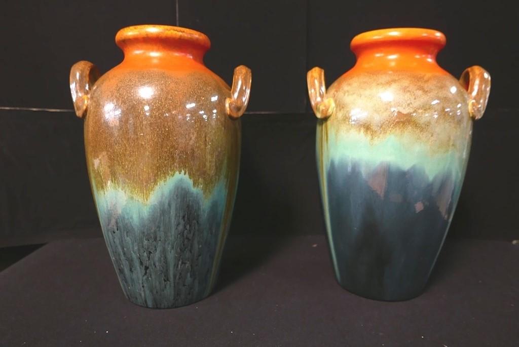 Pair of Art Pottery Floor Vases: Pair of vintage art pottery floor vases with drip glazes, double strap handles, 18"H