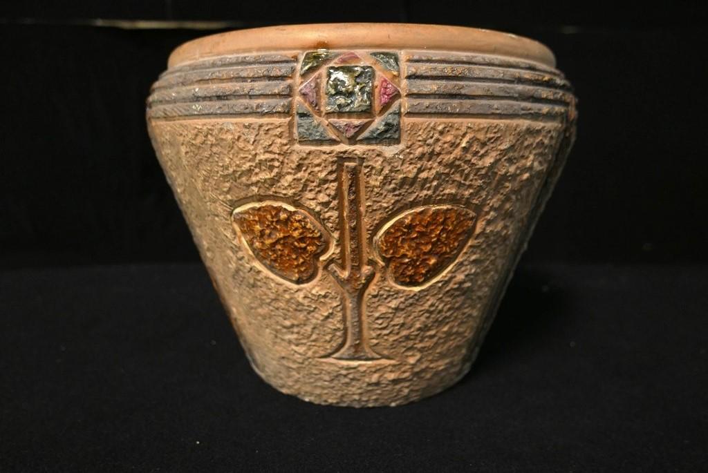 Art Deco Studio Jardiniere: Art Deco jardiniere circa 1920's to 1930's, incised stylized flowers and geometric patterns with a matt glaze, unsigned, 13"D, 10"H