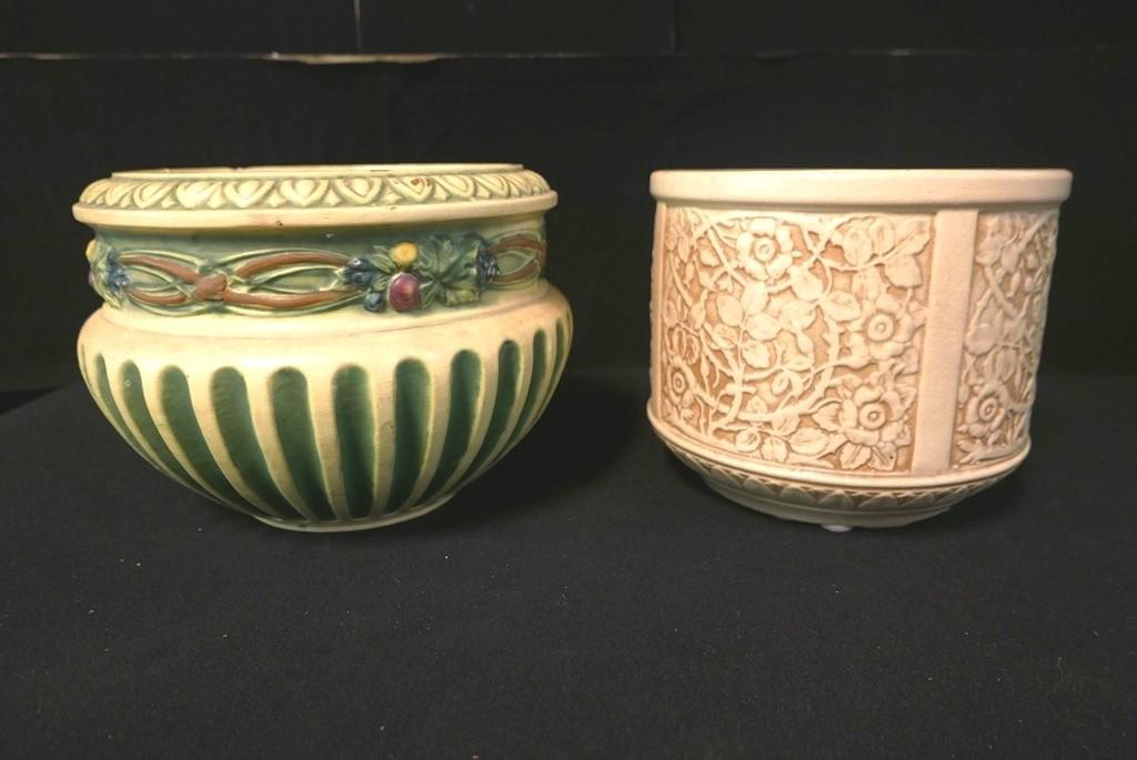 Weller & Roseville Jardinieres: Vintage unsigned Weller Clinton Ivory straight sided jardiniere with panels of vines and roses 10.5"D, 8.75"H, unsigned Roseville jardiniere with 1.5" chip on rim 13"D, 9"H