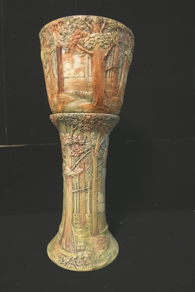 Weller Woodland Jardiniere On Stand: Vintage Weller unsigned Woodland pattern jardiniere 11"D, 9"H, matching stand 17", total height 26.25"