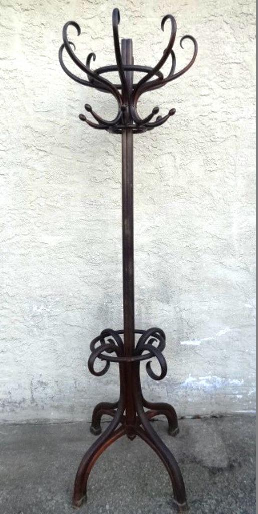 Antique Thonet Bentwood Coat Rack: Antique bentwood coat rack circa 1900 - 1910 unsigned but attributed to Gebruder Thonet of Austria, eight hooks for hats and eight hooks for coats, hoop for umbrellas at base, 76"H