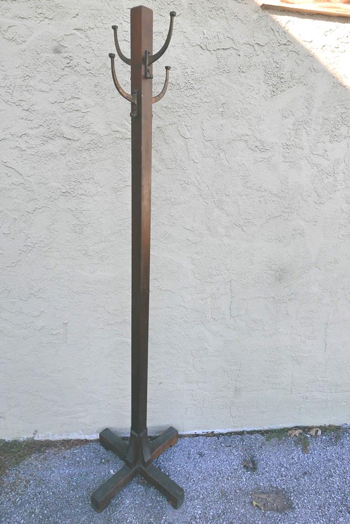 Mission Oak Coat Rack: Antique early 1900's Mission Oak coat rack with brass plated iron hooks, 64.75"H, original finish
