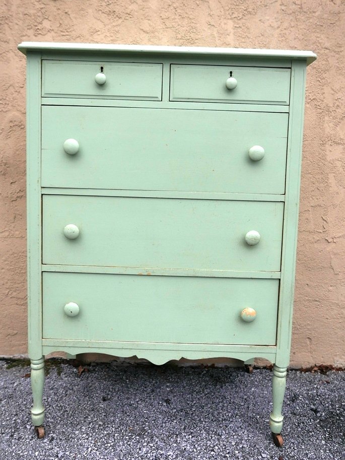 Painted Cottage Dresser: Vintage 1930's light green painted pine country dresser, two half drawers over three drawers, 32"W, 18.5"D, 46.75"H