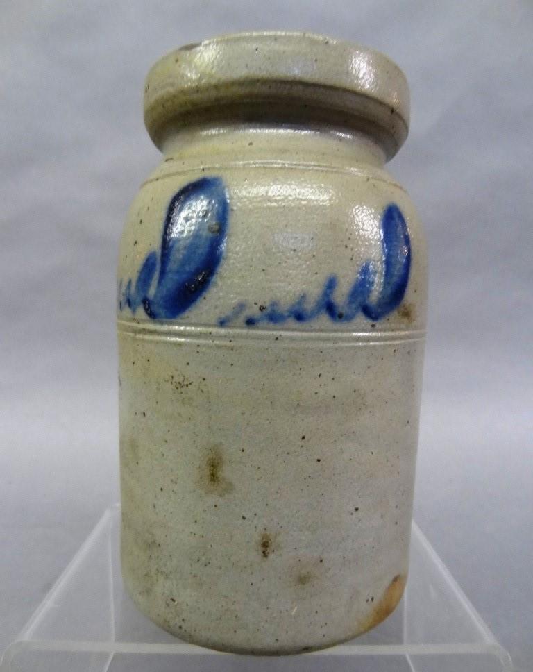 Cobalt decorated Stoneware Crock: Antique stoneware crock with incised lines and cobalt blue decoration 7"H