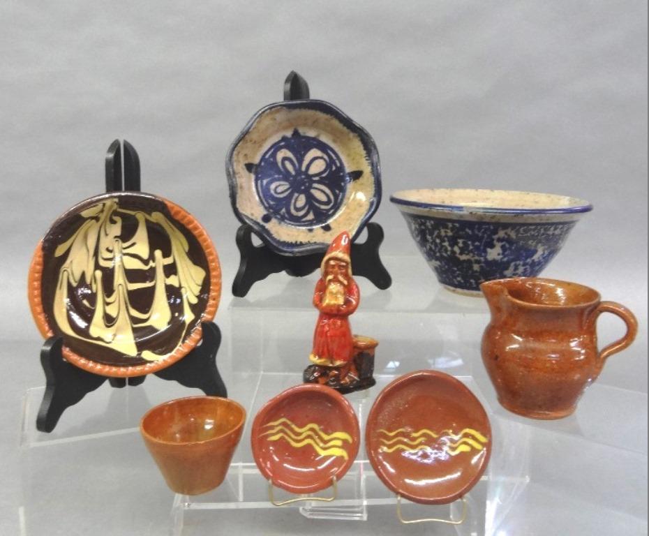 Artisan Redware & Stoneware Small Items: Redware Santa next to chimney in the style of Breininger signed "BP PA 09" 4.75"H, Ben Own Master Potter redware creamer with spots of manganese decoration 3.25"H, The Pottery Studio Oley Pa. two smal
