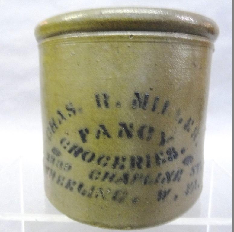C. Miller Grocer Advertising Stoneware Crock: Antique circa 1880's stoneware crock advertising "Chas R. Miller Fancy Groceries 2239 Chapline St. Wheeling, W. Va.", 6"D, 5.5"H