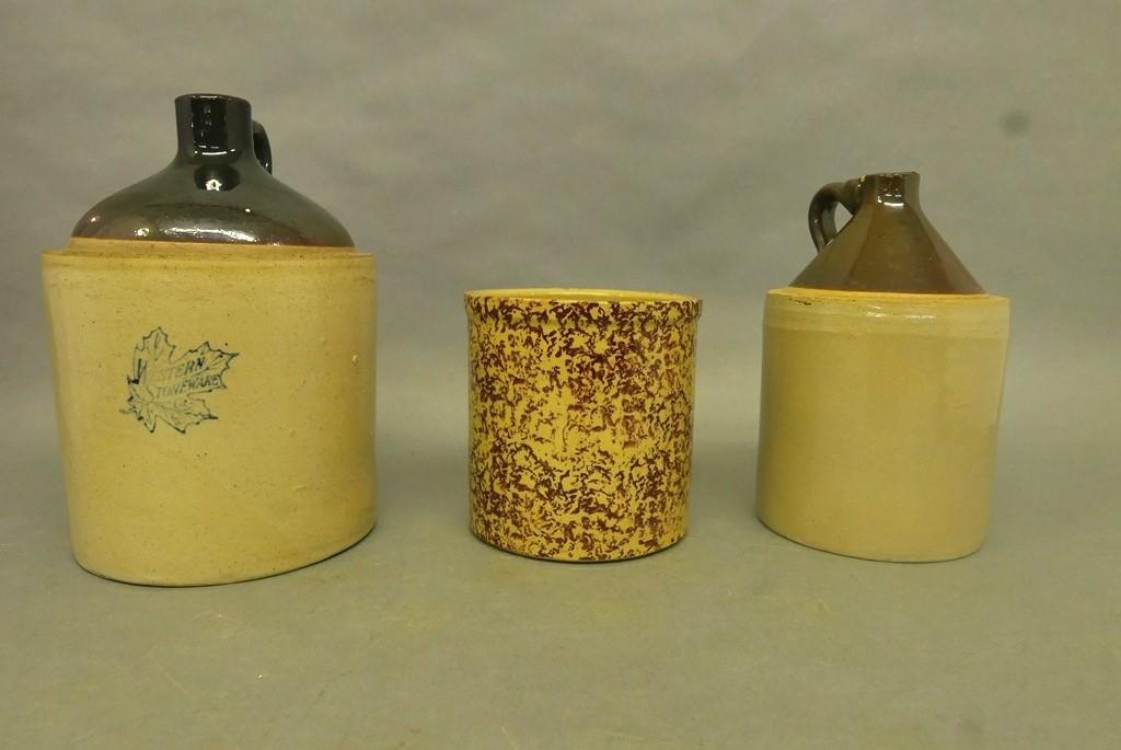 Antique Stoneware Jugs & Roseville Crock: Antique crock with sponge glaze decoration signed "R.R.P. Co. Roseville O. U.S.A. #700-D", 5.75"D, 5.75"H, stoneware jug with brown glazed top and strap handle 9"H has two small chips on lid and one o