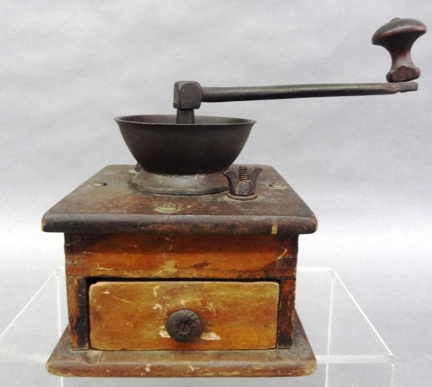 Small Antique Coffee Grinder: Late 1800's wood and iron coffee grinder with great old untouched patina 6" square excluding handle