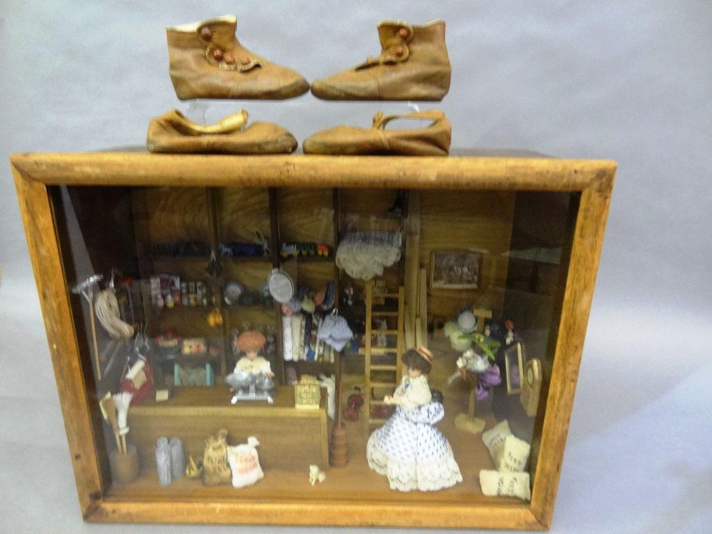 Vintage Carol Gallagher Dollhouse Room Box & Antique: Vintage Carol Gallagher dollhouse room box signed and dated 1979, plywood box with framed glass front, country store loaded with accessories, toys, fabrics groceries, gardening and farming tools etc.,