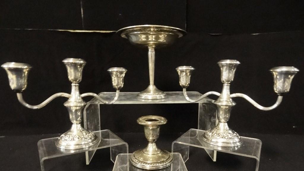 Weighted Sterling Table Accessories: Reed and Barton pair of three socket convertible candelabras 9"W, 6.5"H with minor dents, single candlestick 3"H with large dents, compote with dents and large bends 6"H