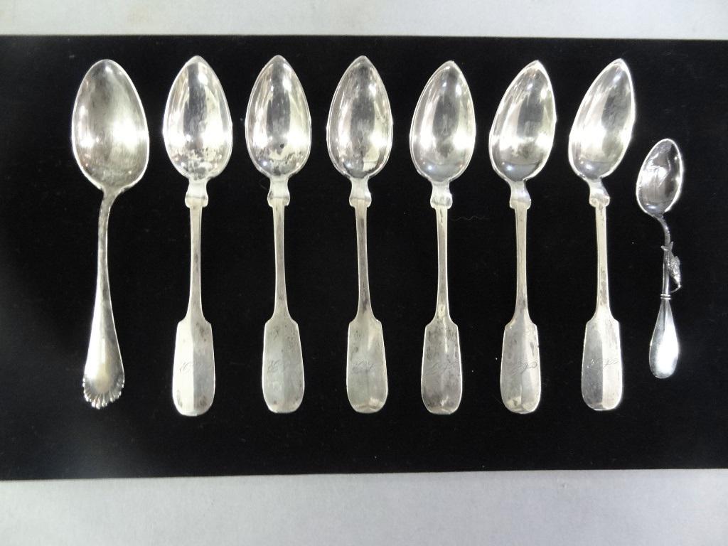 Sterling & Coin Silver Tea Spoons: Set of six fiddle back style coin silver tea spoons with monograms signed with a shield and either Kumpf or Kumpp, single sterling teaspoon and a sterling souvenir spoon, total weight 3.89 ozt..