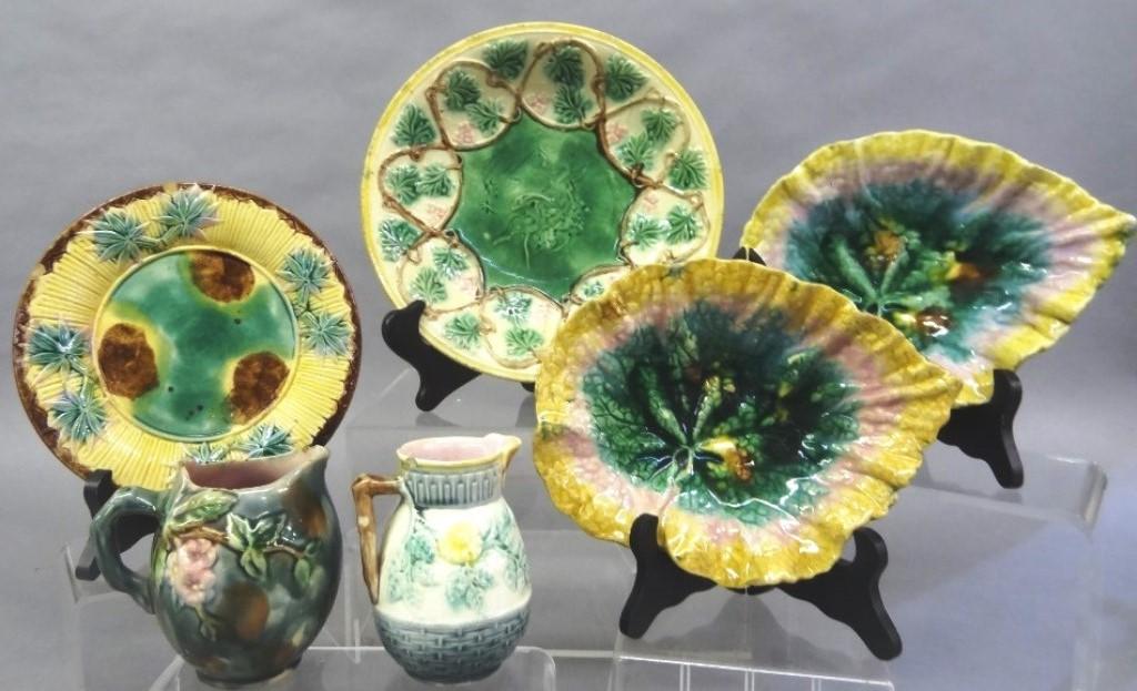 Six Pieces of Etruscan Majolica: Six pieces of Etruscan Majolica all with rim chips, largest piece 10"D