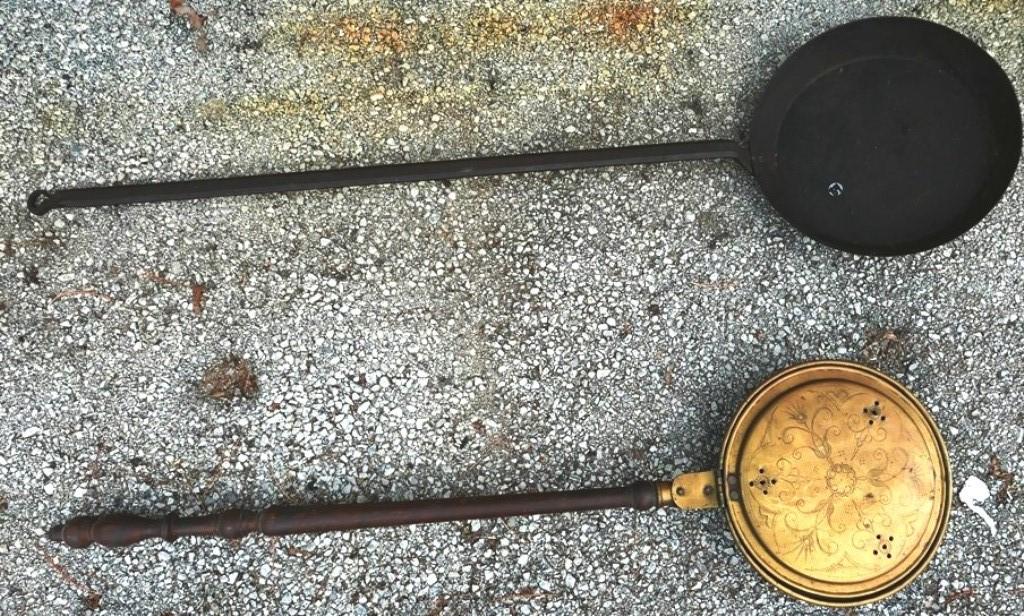 Large Wrought Iron Pan & Bed Warmer: Wrought iron 19th century large skillet has handle with rat tail 51"L, antique engraved copper bed warmer with turned wood handle may be a centennial piece 43.5"L