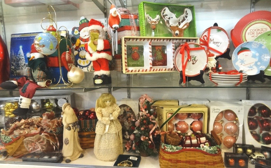 Christmas Decorations Two Shelves: Set of Three Dishes Serving Cookie for Santa, others, Hanging ornaments with boxes, Victorian Light up Angel and Tree, Two Longaberger Baskets, Angel Ornaments, Silver Christmas Ball, over 50 pieces, 