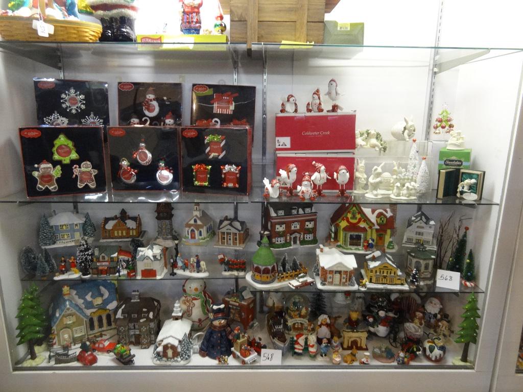 Christmas Collectable Two Large Shelves full!: Houses, Barrel tree, some Dept. 56, Snowmen, Accessories, snow globe, Hallmark Snowmen, Norman Rockwell, De[t 56 Viking Ship, Santa's Workshop, at least 70 pieces, Antique4 Shop, Wooden Trees 2 to 10"
