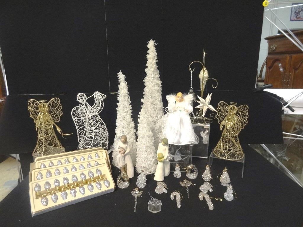 Winter Wonderland Shelf: Two Wooden Angels with children by Willow Tree, 4 Boxes of Sparkle Tree light garland, three wire Angels, Glass Ornaments, Angel Tree topper, 23: tallest lighted Tree, Over 25 items, Ornament Tree Sta