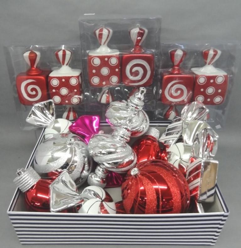 Incredible Christmas Balls Very Decorative: Boxes of Large Christmas Balls Shaped like Candy, and Wonderful Ornaments 12" etc. Great for Outdoor Scenes….Merry Christmas!