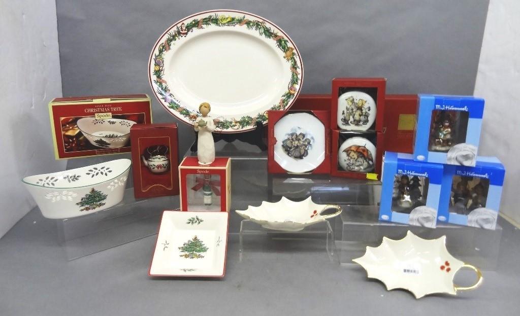 Lenox, Hummel and Spode Christmas Items: Large Collection of Lenox, and Hummel, and Spode Christmas items in original boxes, Spode Dish, Christmas Tree, Pierced Oval Bow, Lenox Holly Leaf Candy Dishes, Lenox Tea Pot Ornament, Hummel Ride int