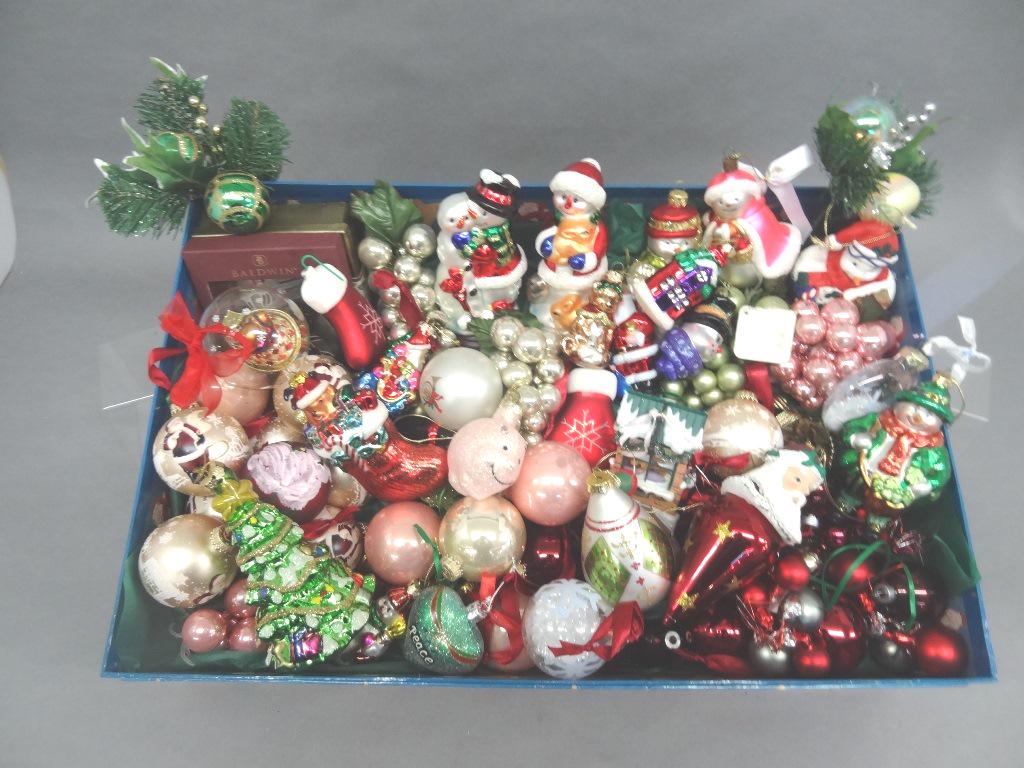 Sparkling Selection of Glass Figural Balls: Over fifty colorful glass Christmas ornaments, all shapes and sizes, snowmen, Santa, Stocking , Truly a Christmas Lovers Delight!