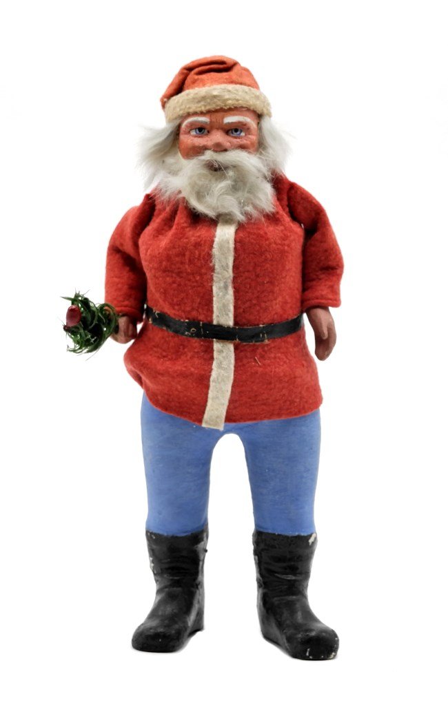 Antique Santa Candy Container: Antique German Belsnickel with composition head, hands and boots, felt clothing over two piece cardboard tube body, rabbit fur beard, switch in hand, 10"H
