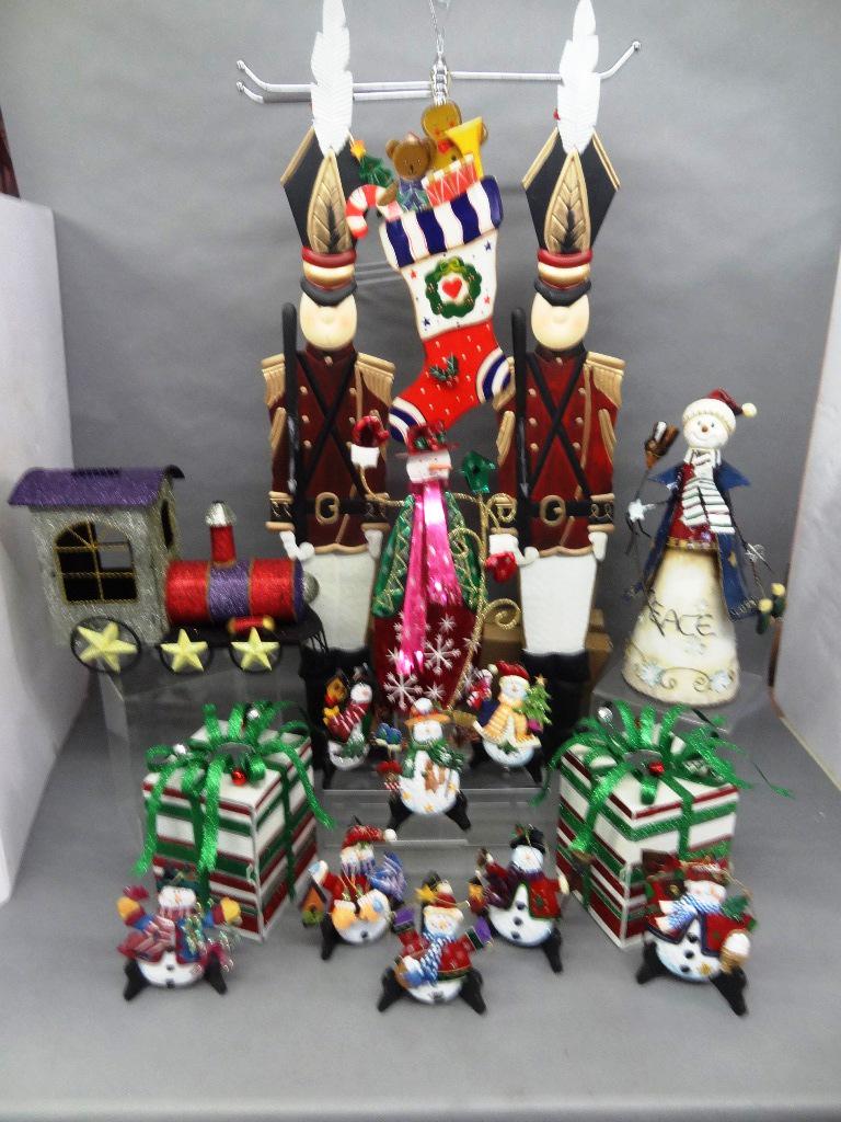 Large Grouping of Decorative Christmas Accessories: 18 Pieces, All in tin, 45" Soldiers, 8 Snowman Ornaments Sparkle Boxes for Gifts