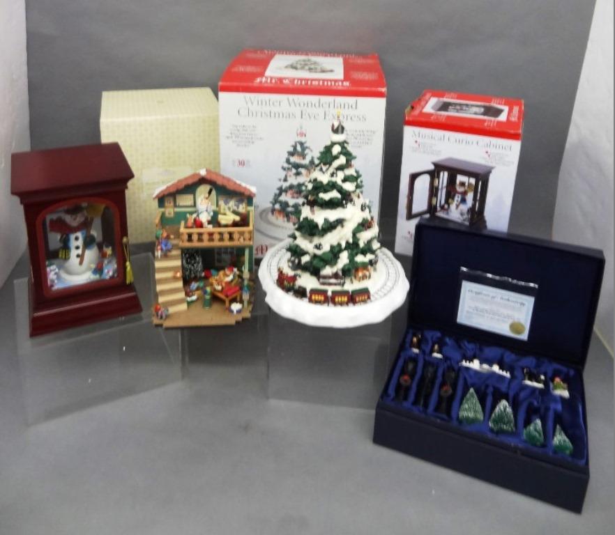 Winter Wonderland in Boxes: Winter Wonderland Christmas Eve Express with cord, Box of Norman Rockwell, Saturday Evening Post Collection, Hallmark The Merry Mayhem Workshop, Mr. Christmas Musical Curio Cabinet, 4pcs, 13" tree