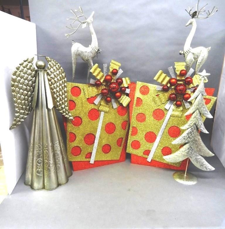 Outdoor Holiday Display: Highly Stylized Designed Reindeer with Matching Tree, Optic Sty Decorated Gifts, Hand Hammer Tin Decorations larges angel 28"
