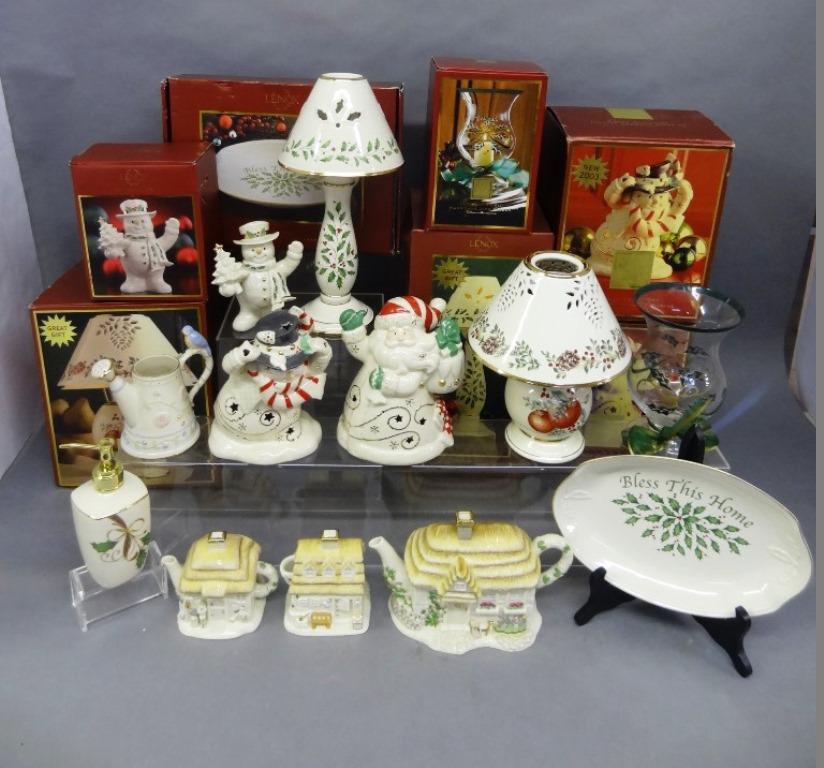 Collection of Lenox some original boxes: Fanciful Lenox Christmas Collection 12 pieces, Boxwood & Pine Candle Lamp 11", Holiday Candle Stick Lamp , Holiday Spirit Hurricane with ribbon, Lighted Snowman Figurine, Lighted Santa Figurine, First