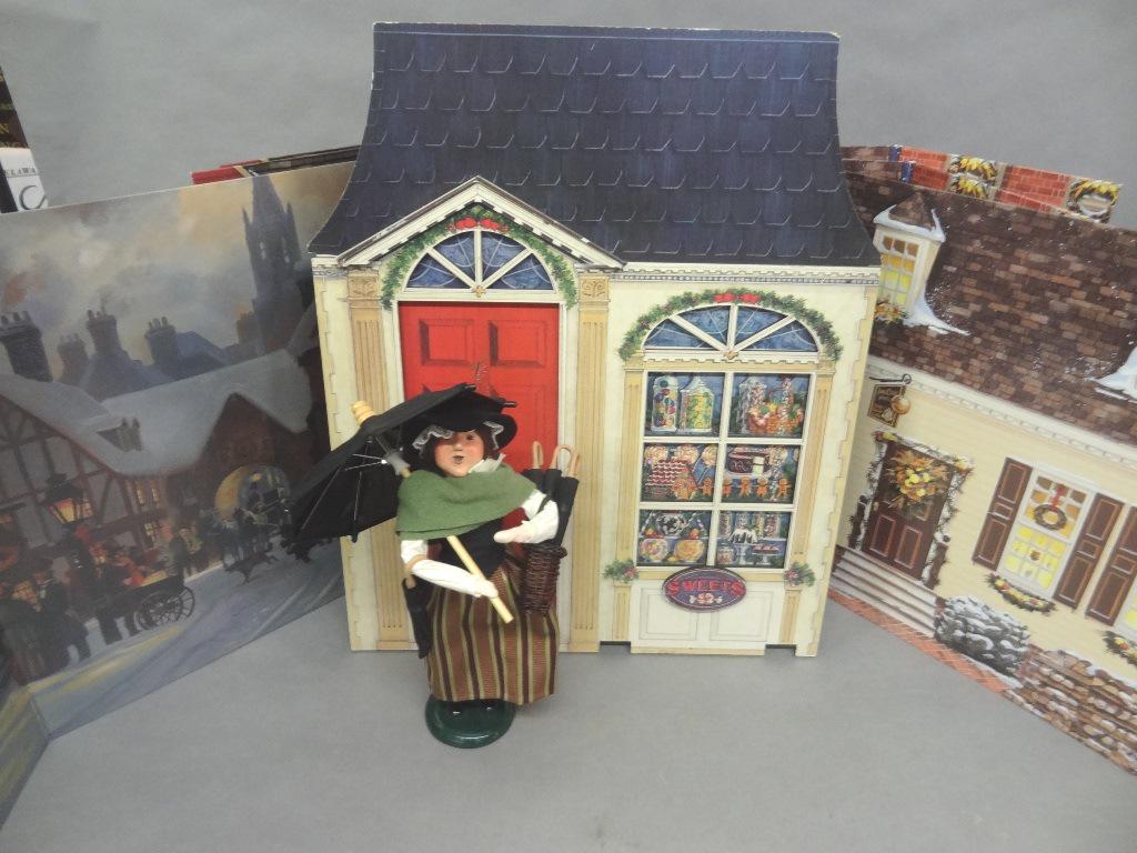 Byers Choice Six Pieces & Five Backdrops: Five Backfrops-3 are the same one is signed Lloyd Garrison one is a sweet Shop, 37 1/2 W x 18" for Back Drops, 23 H -19 W Sweet Shop Carolers 14" H